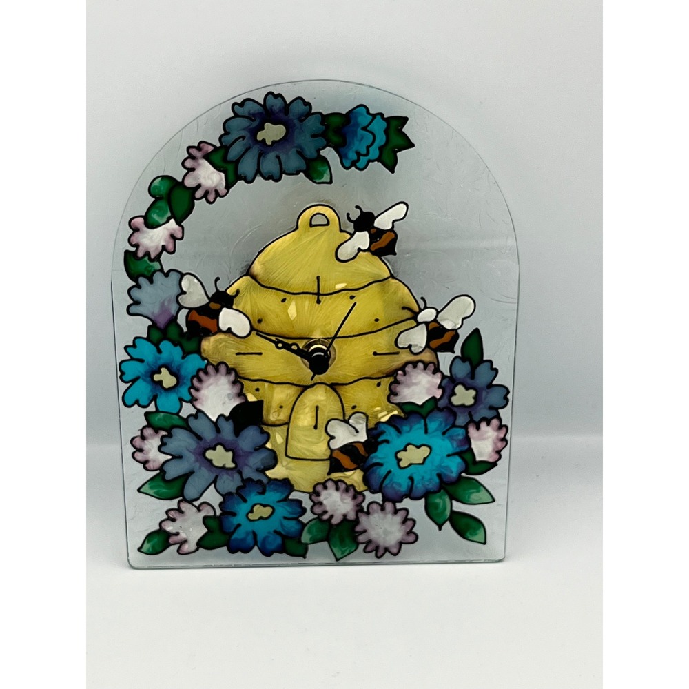 Glass Beehive Clock Floral Design‎ Tabletop Desk Accent Yellow Blue